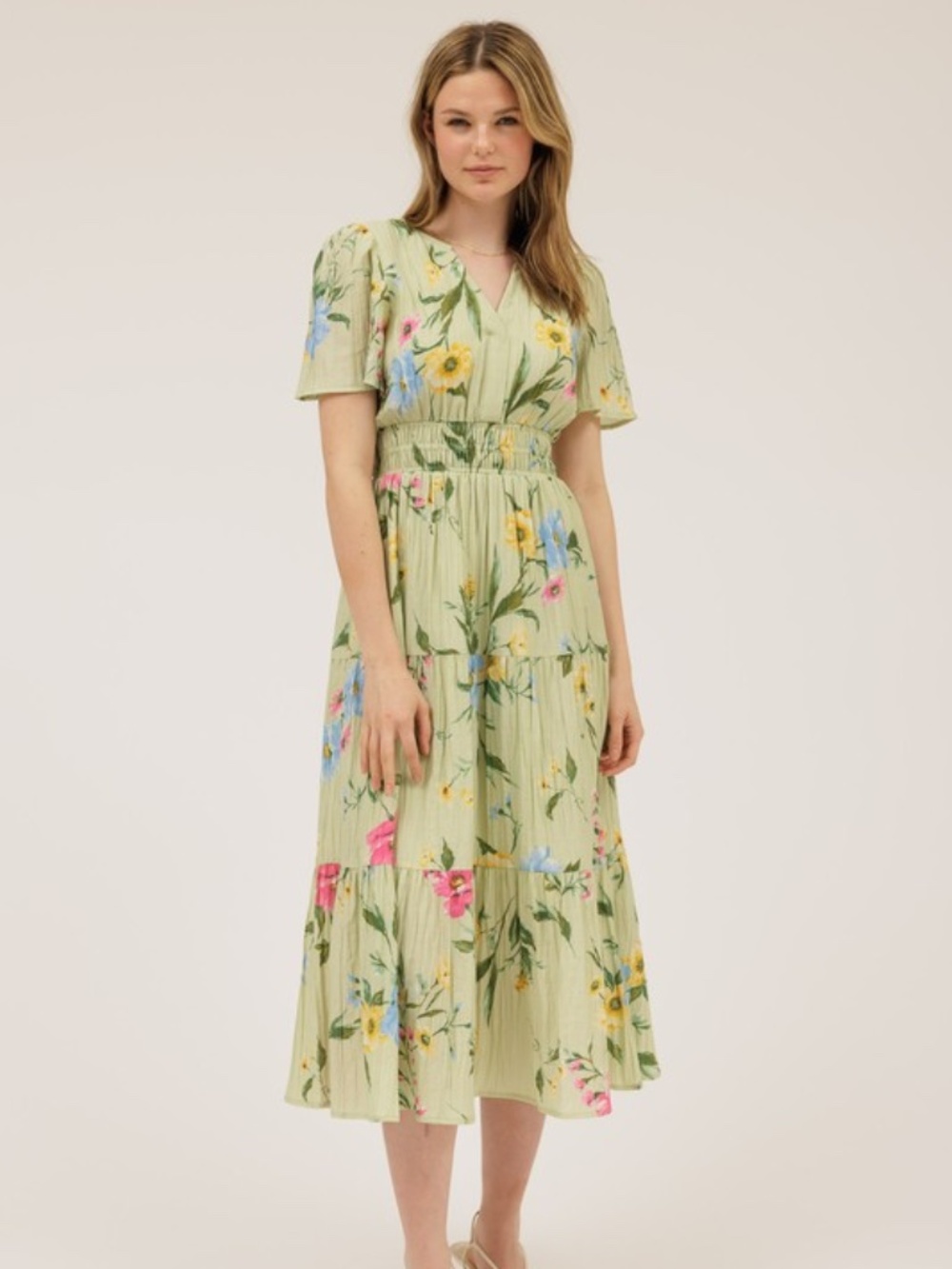 Multicolor Floral Short Sleeve Tiered Midi Dress